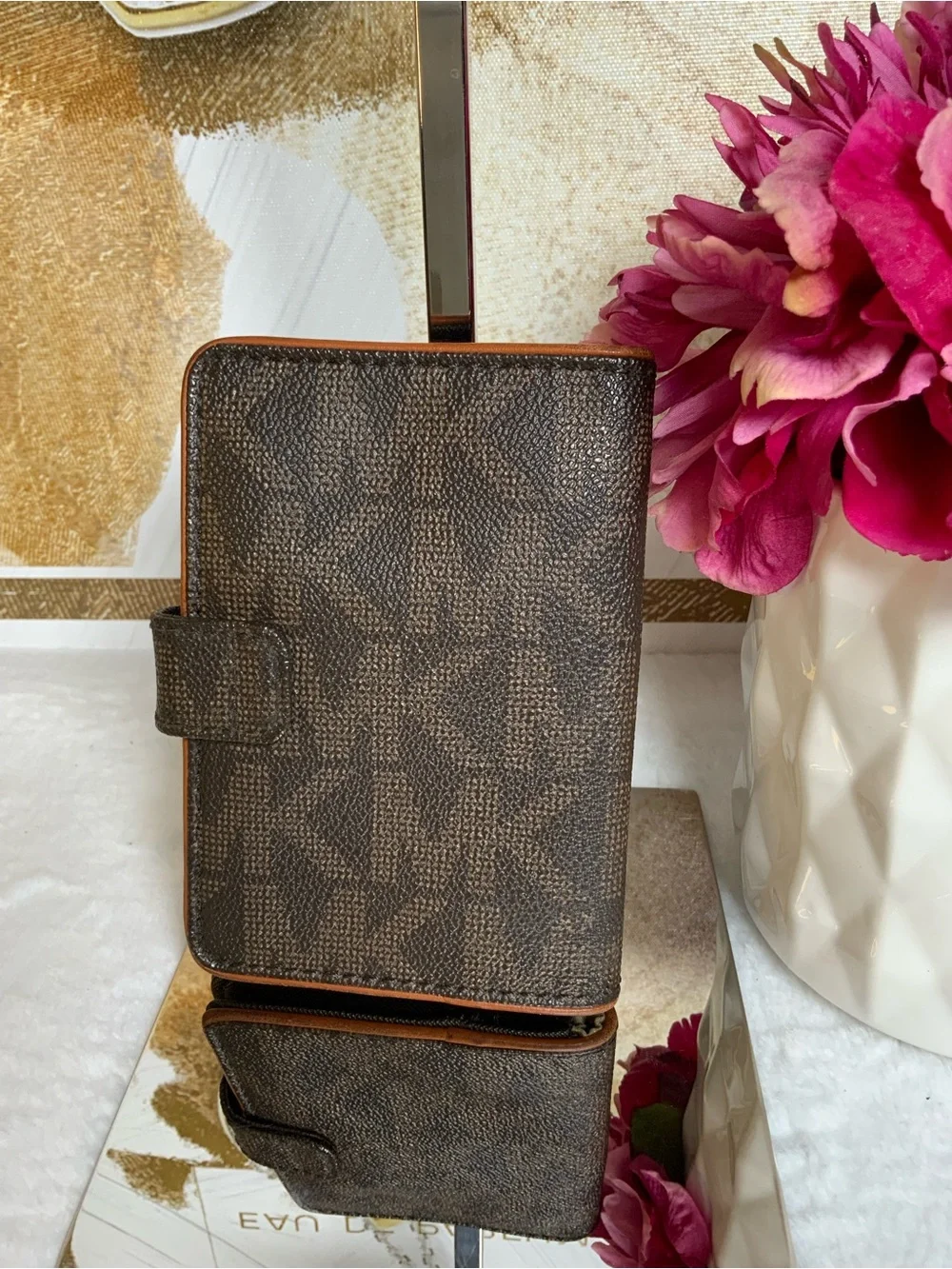 Michael Kors Brown MK Logo Snap Zip Passport Wallet